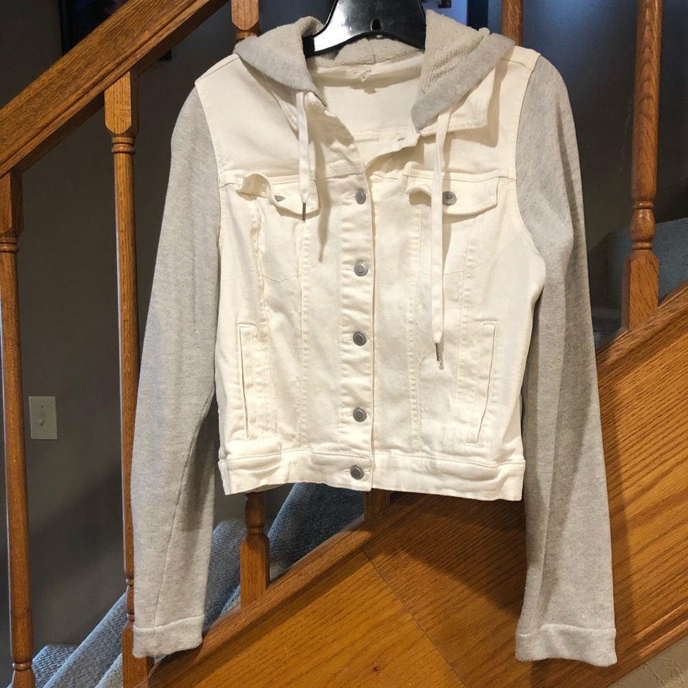 Maurices denim jacket with knit sleeves.
